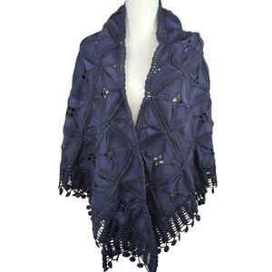 Vintage Navy Blue Leather Suede Crochet Patchwork Fringe Shawl Wrap